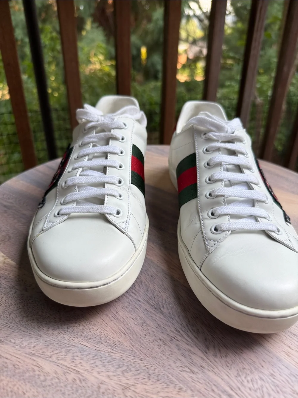 Gucci White Leather Ace Sneakers with Red & Green Web and Snake Embroidery